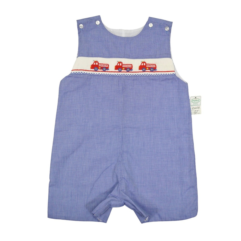 Petit Bebe Jon Jon Boys 3T Blue Fire Truck Hand Smocked Gingham Romper Preppy